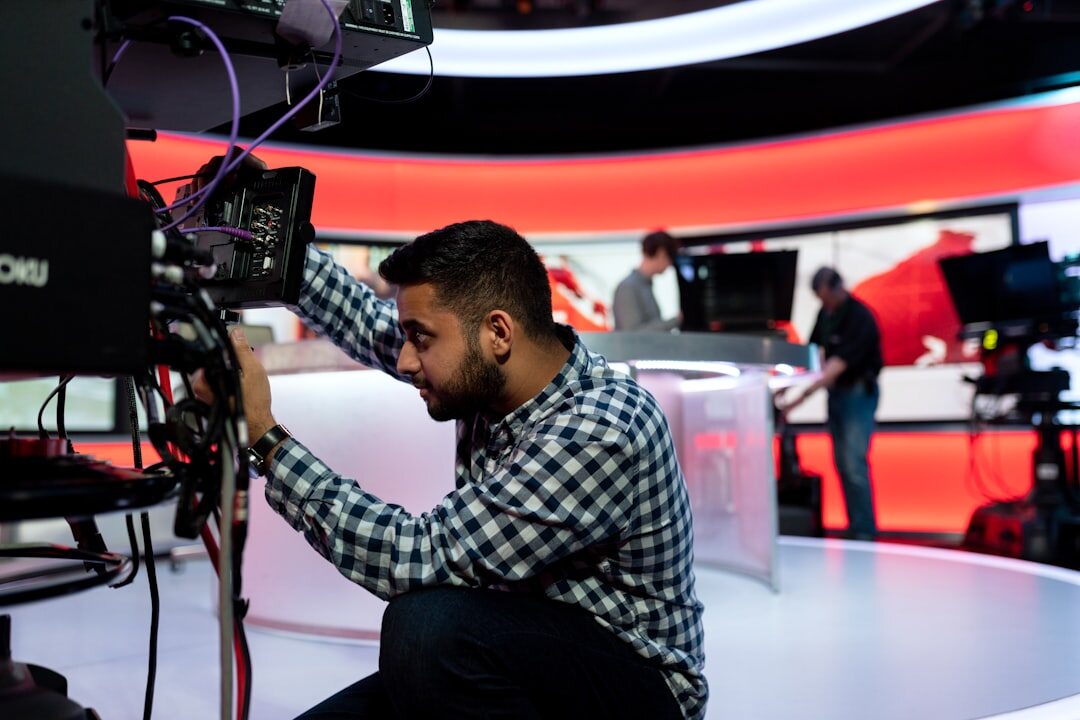 Professional broadcast camera in a TV studio for studio work training