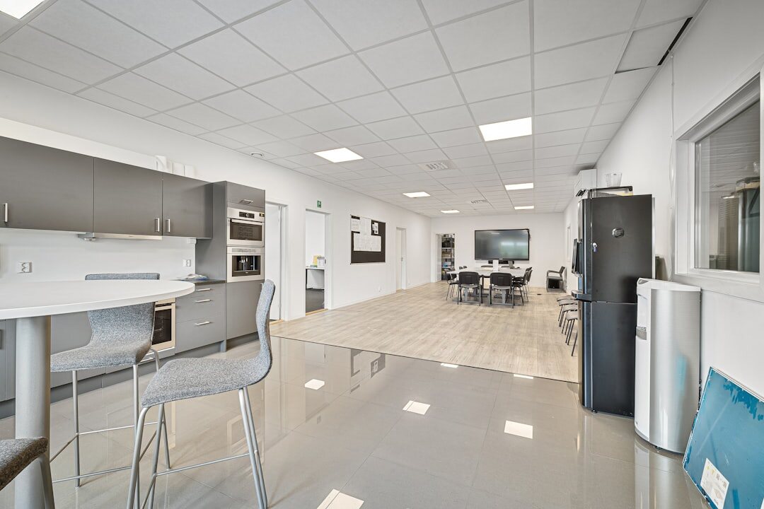 Modern media training office interior with bright open plan